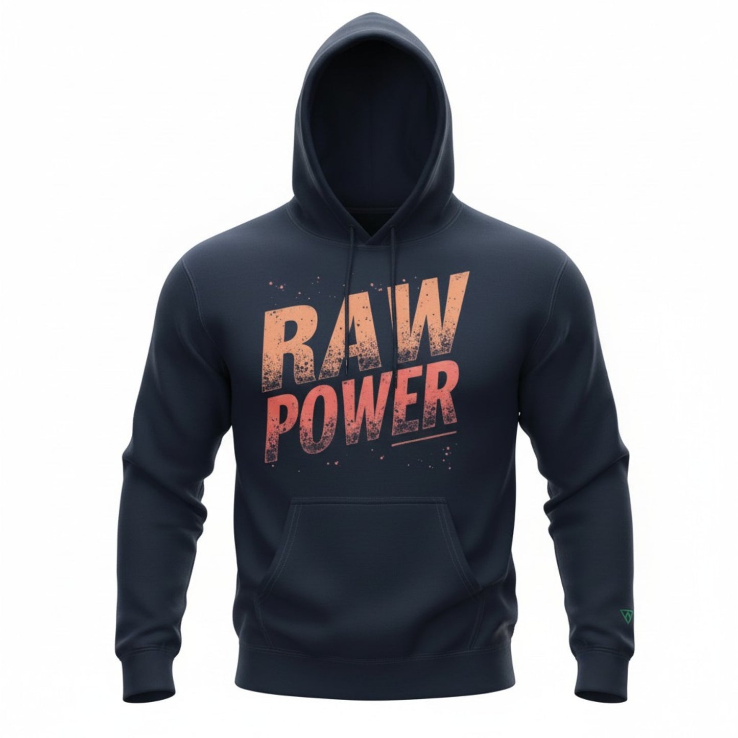black navy hoodie front view with bold RAW POWER text in orange gradient on chest, clean ghost mannequin product mockup on light background