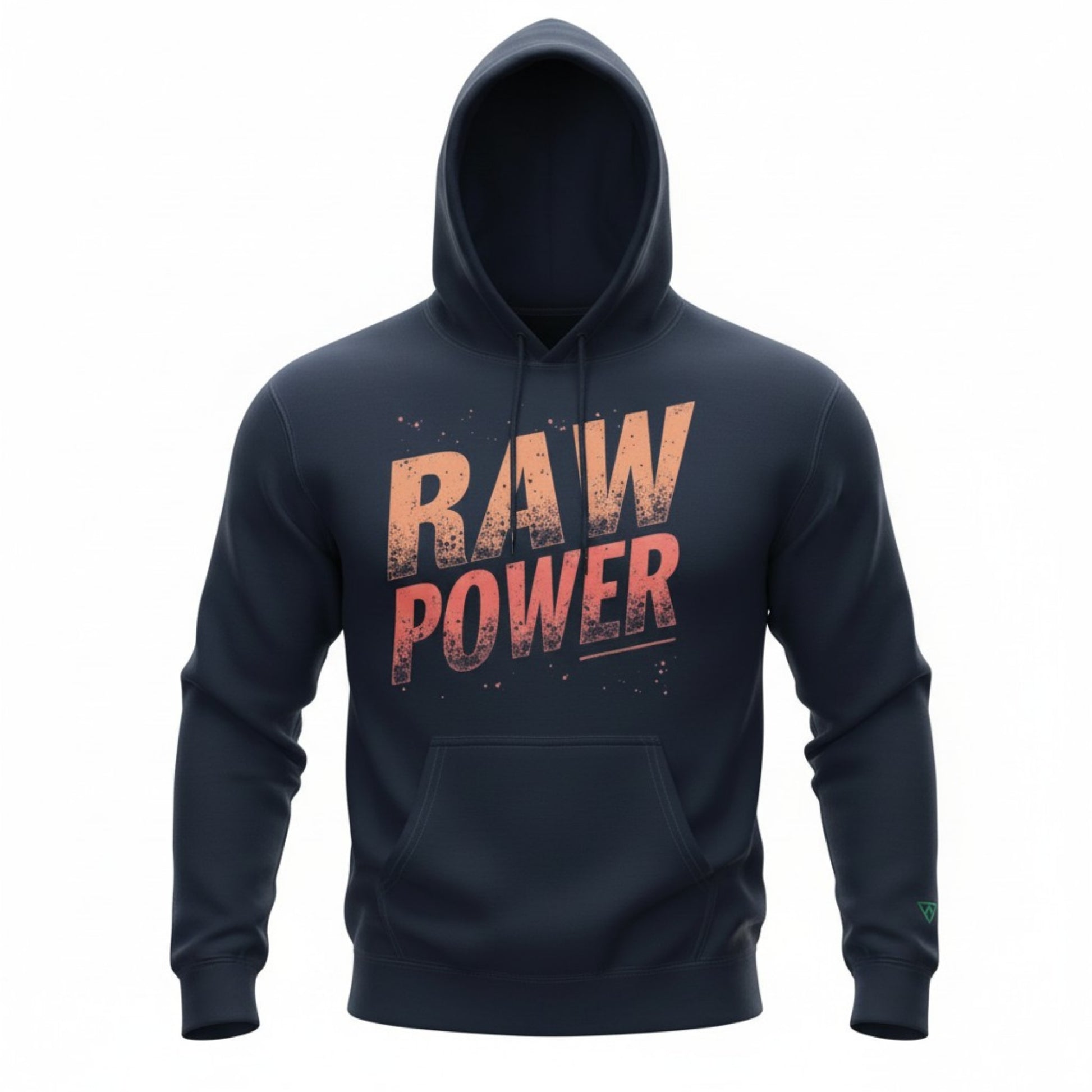 black navy hoodie front view with bold RAW POWER text in orange gradient on chest, clean ghost mannequin product mockup on light background