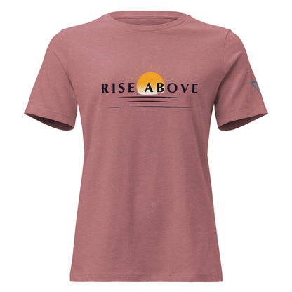 mauve women's hiking t-shirt with RISE ABOVE text and sun graphic, HorizonVibe outdoor apparel front view