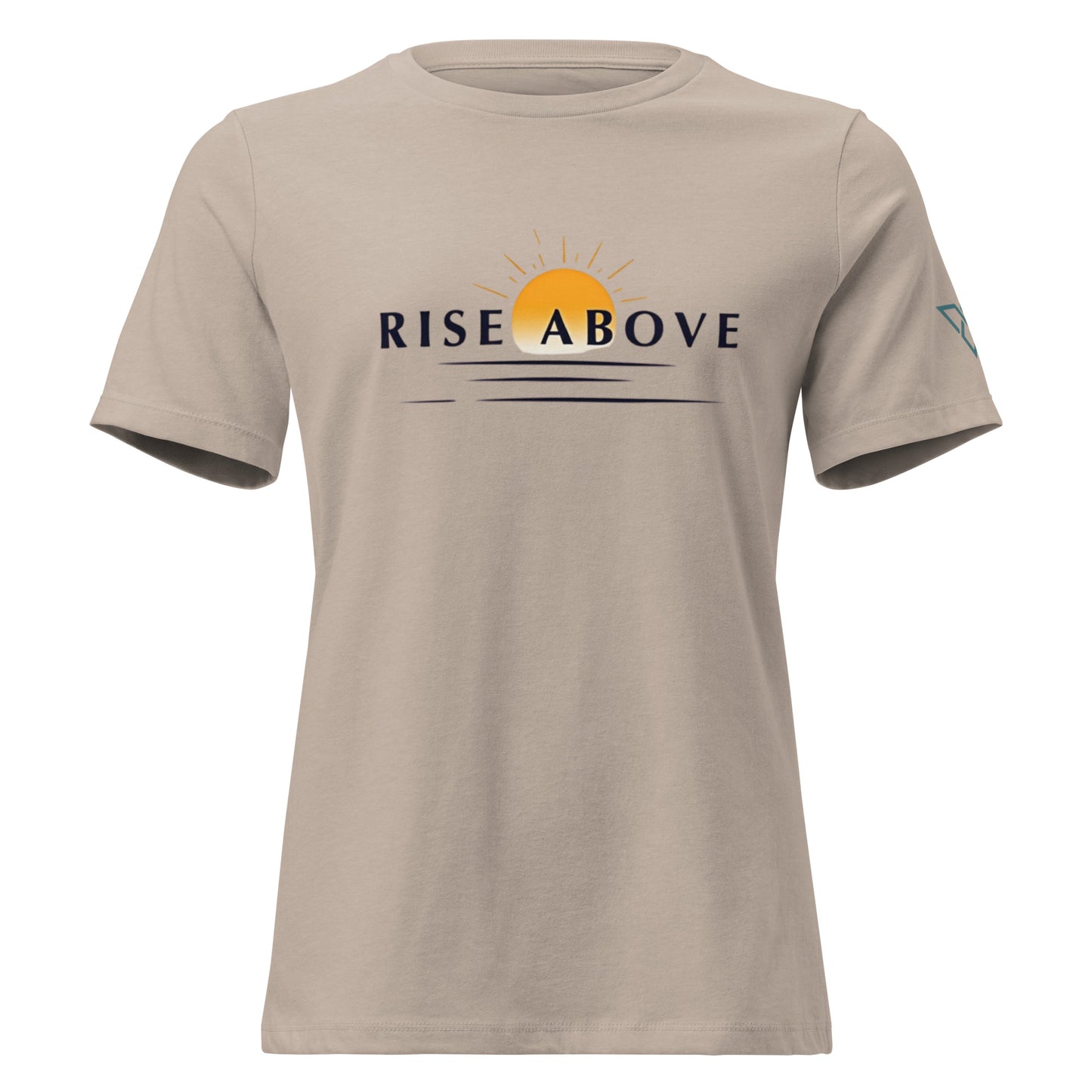 beige women's hiking t-shirt with RISE ABOVE text and sun graphic, HorizonVibe outdoor apparel front view