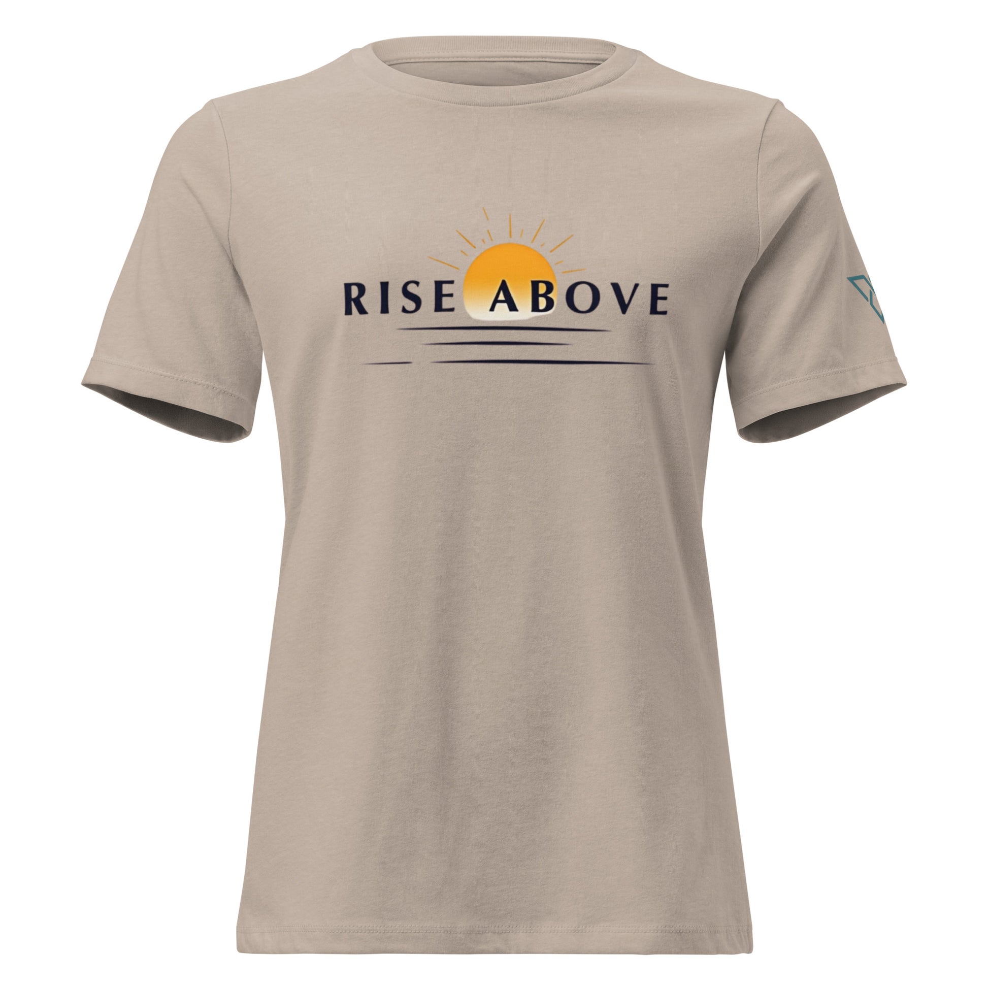 beige women's hiking t-shirt with RISE ABOVE text and sun graphic, HorizonVibe outdoor apparel front view