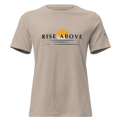beige women's hiking t-shirt with RISE ABOVE text and sun graphic, HorizonVibe outdoor apparel front view
