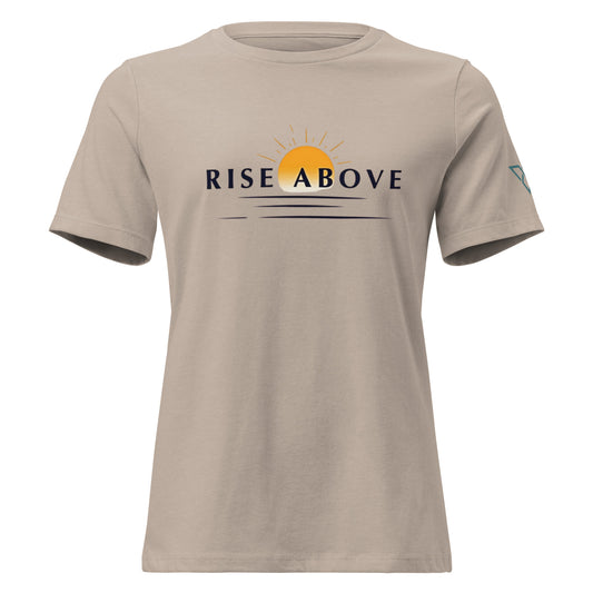 beige women's hiking t-shirt with RISE ABOVE text and sun graphic, HorizonVibe outdoor apparel front view