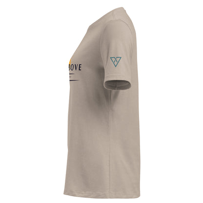 beige women's hiking t-shirt side view with RISE ABOVE text and sun graphic, HorizonVibe outdoor apparel