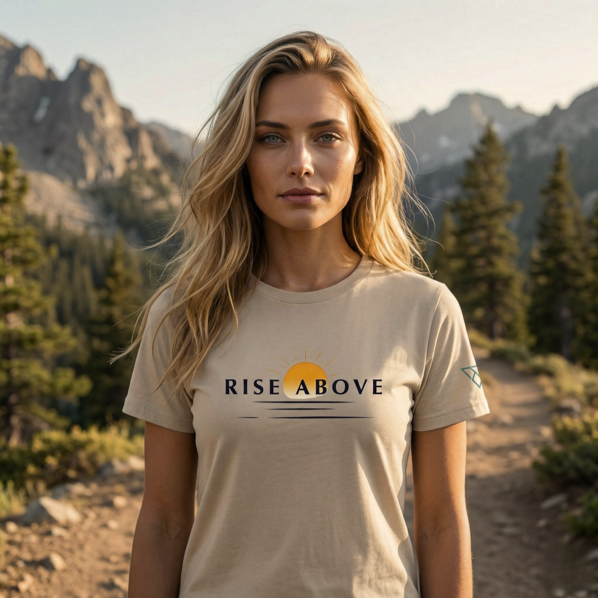 confident woman wearing beige Rise Above hiking t-shirt standing on a mountain trail, HorizonVibe outdoor lifestyle apparel