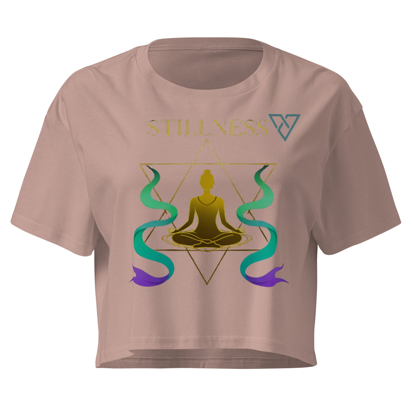 HorizonVibe hazy pink stillness crop top front view with gold meditation design and flowing zen elements