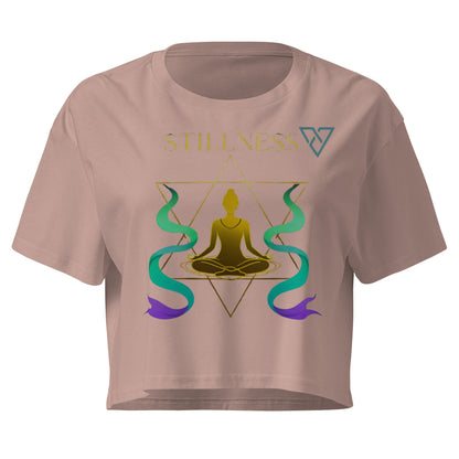 HorizonVibe hazy pink stillness crop top front view with gold meditation design and flowing zen elements