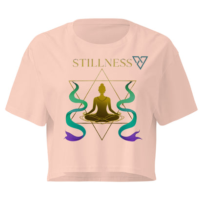 HorizonVibe pale pink stillness crop top front view with gold meditation design and flowing zen elements