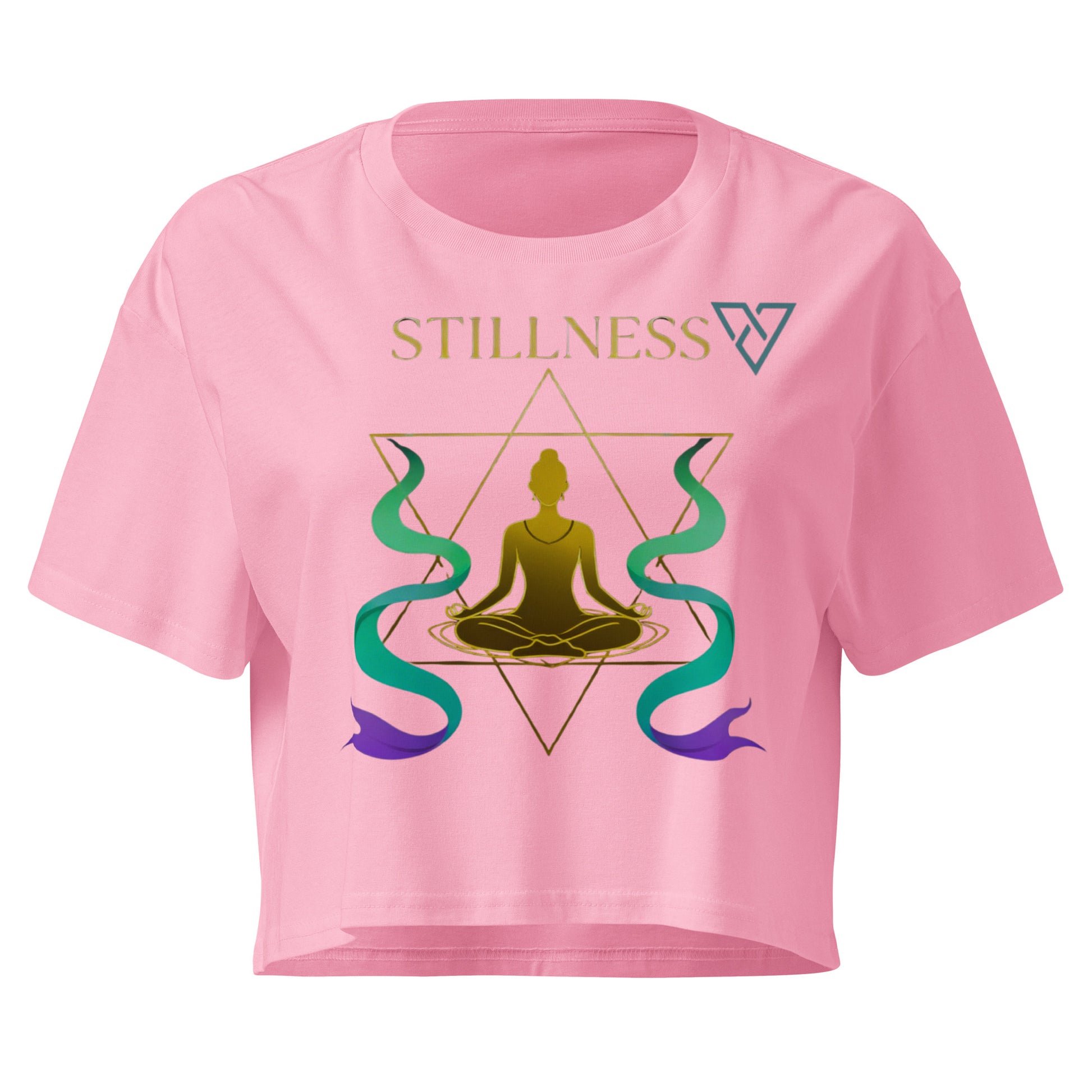 HorizonVibe pink stillness crop top front view with gold meditation design and flowing zen elements