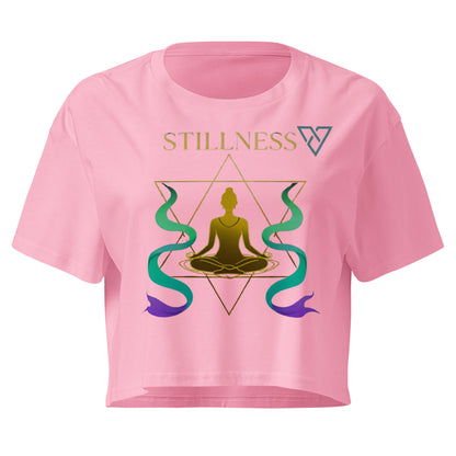 HorizonVibe pink stillness crop top front view with gold meditation design and flowing zen elements