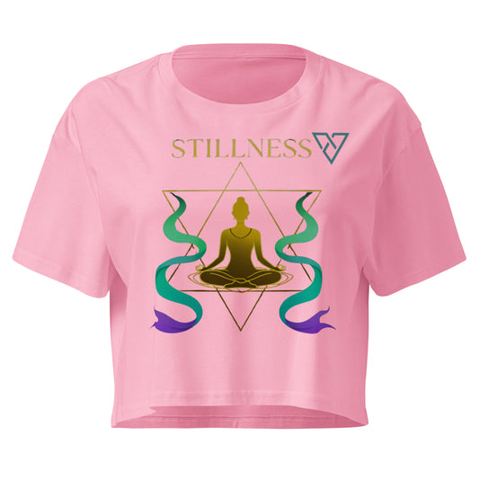 HorizonVibe pink stillness crop top front view with gold meditation design and flowing zen elements