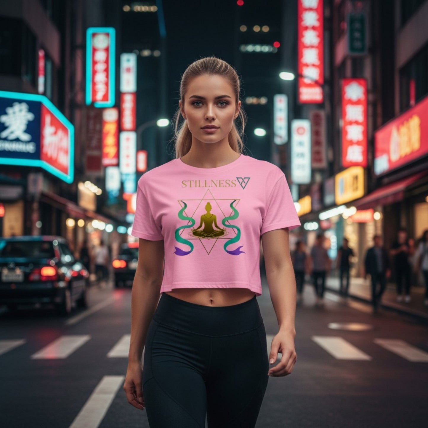 HorizonVibe pink stillness crop top worn by woman walking in neon city at night with visible zen meditation design