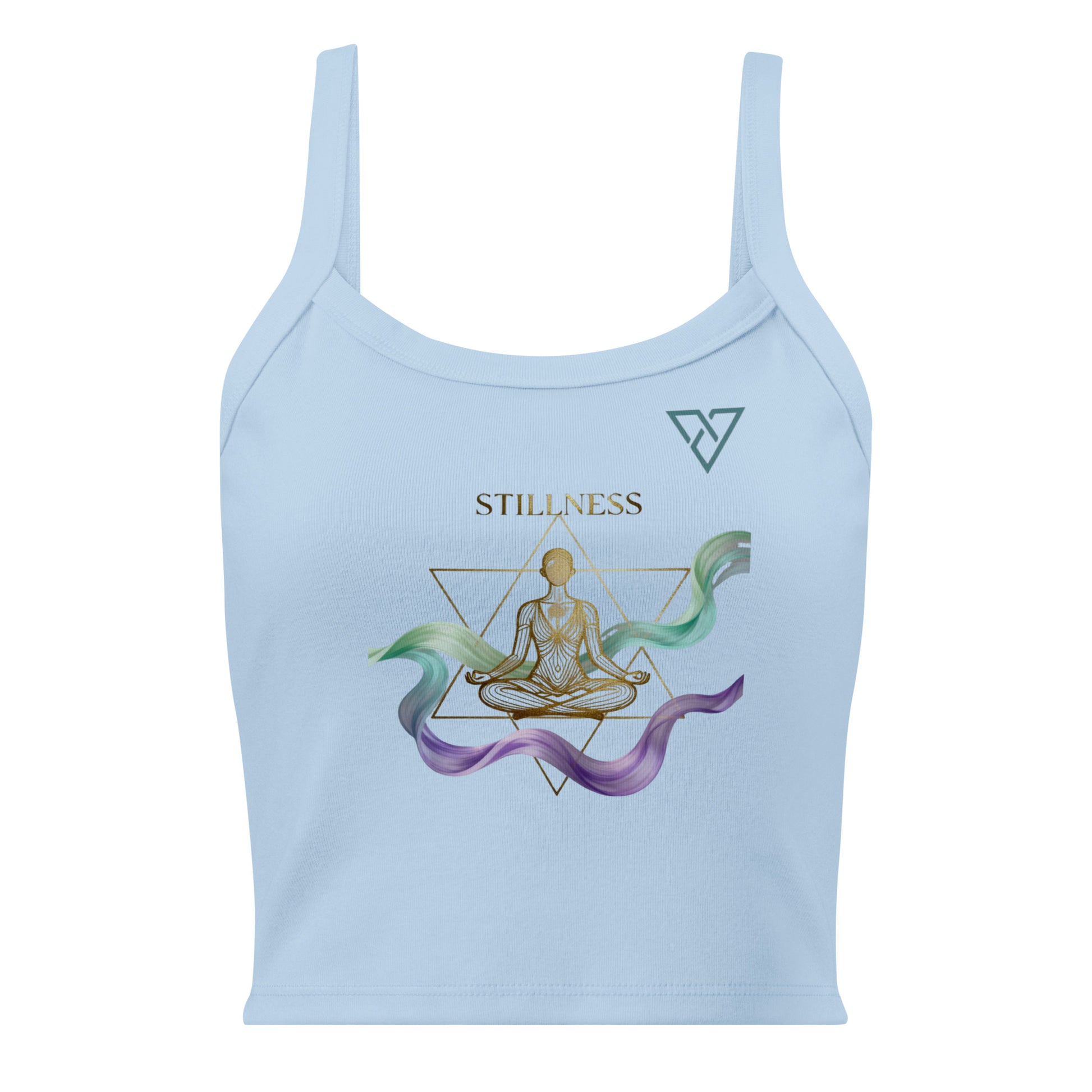 HorizonVibe baby blue micro rib tank top front view with gold meditation design and flowing zen elements