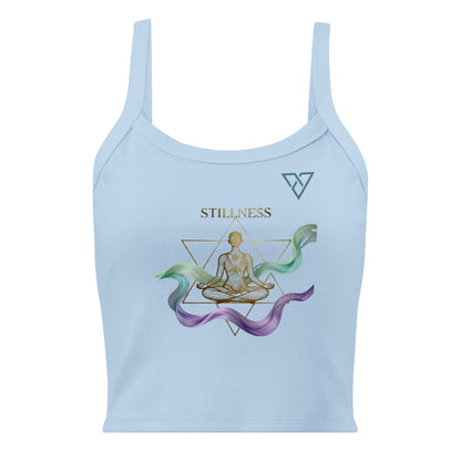 HorizonVibe baby blue micro rib tank top front view with gold meditation design and flowing zen elements