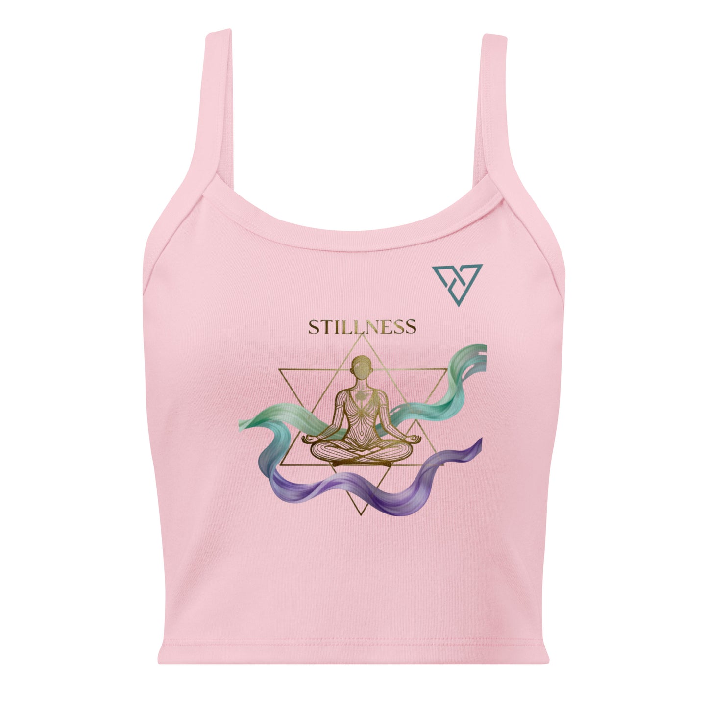 HorizonVibe pink micro rib tank top front view with gold meditation design and flowing zen elements