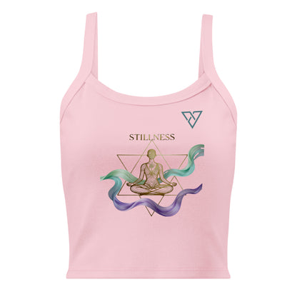 HorizonVibe pink micro rib tank top front view with gold meditation design and flowing zen elements