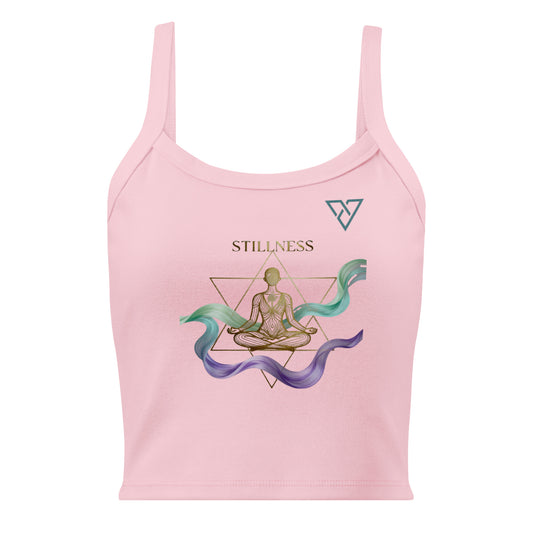HorizonVibe pink micro rib tank top front view with gold meditation design and flowing zen elements