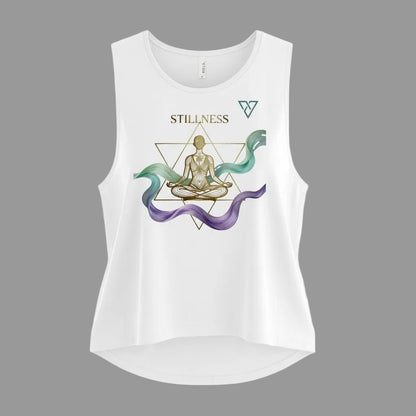HorizonVibe white muscle tank front view with gold meditation design and flowing zen elements