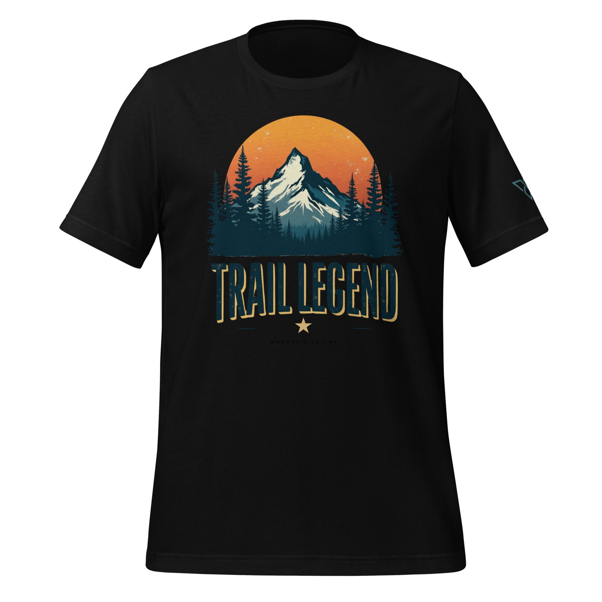black hiking t-shirt with TRAIL LEGEND mountain graphic, HorizonVibe outdoor apparel front view, minimalist design