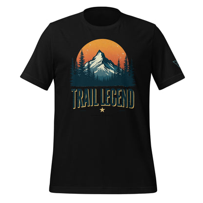 black hiking t-shirt with TRAIL LEGEND mountain graphic, HorizonVibe outdoor apparel front view, minimalist design