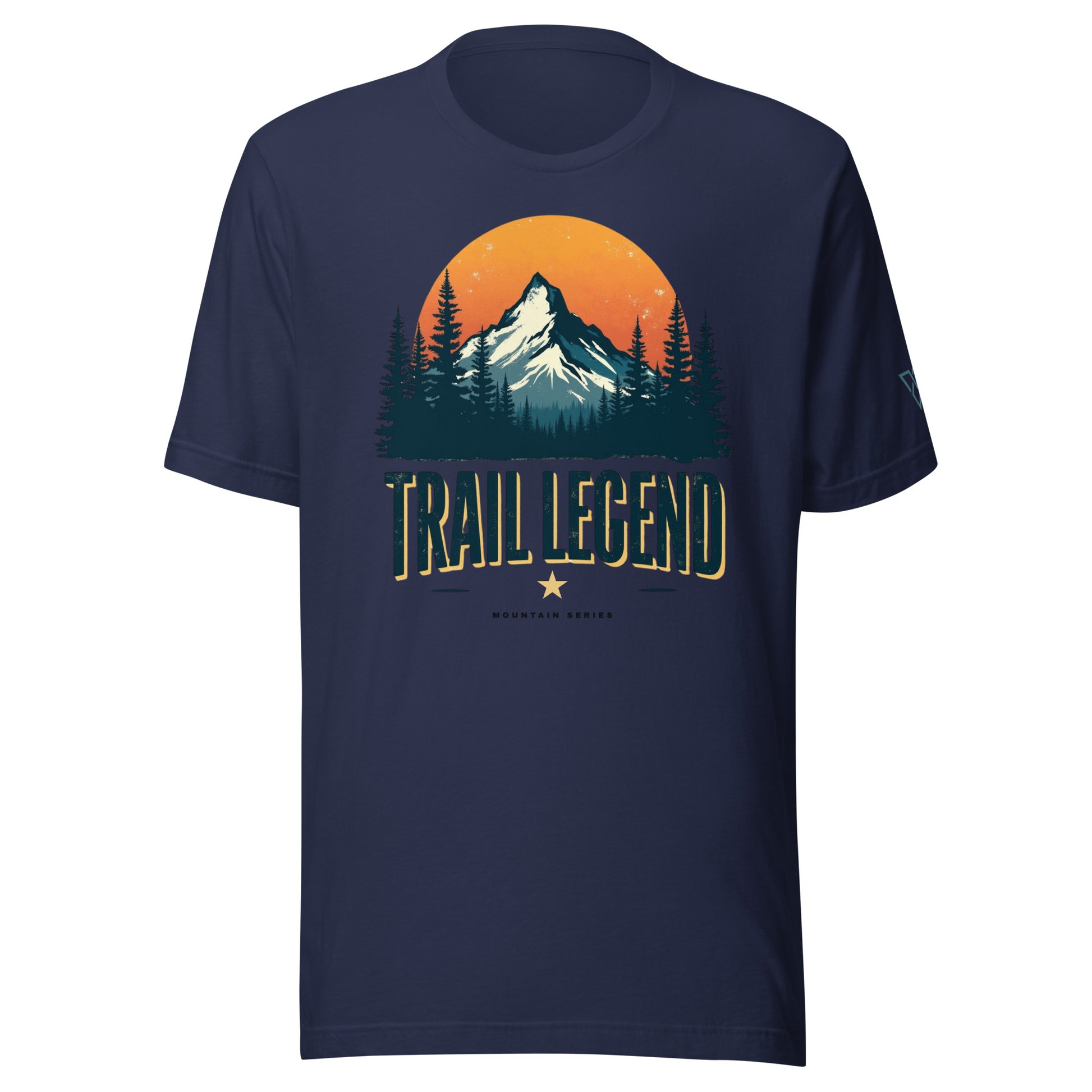 navy hiking t-shirt with TRAIL LEGEND mountain graphic, HorizonVibe outdoor apparel front view, minimalist design