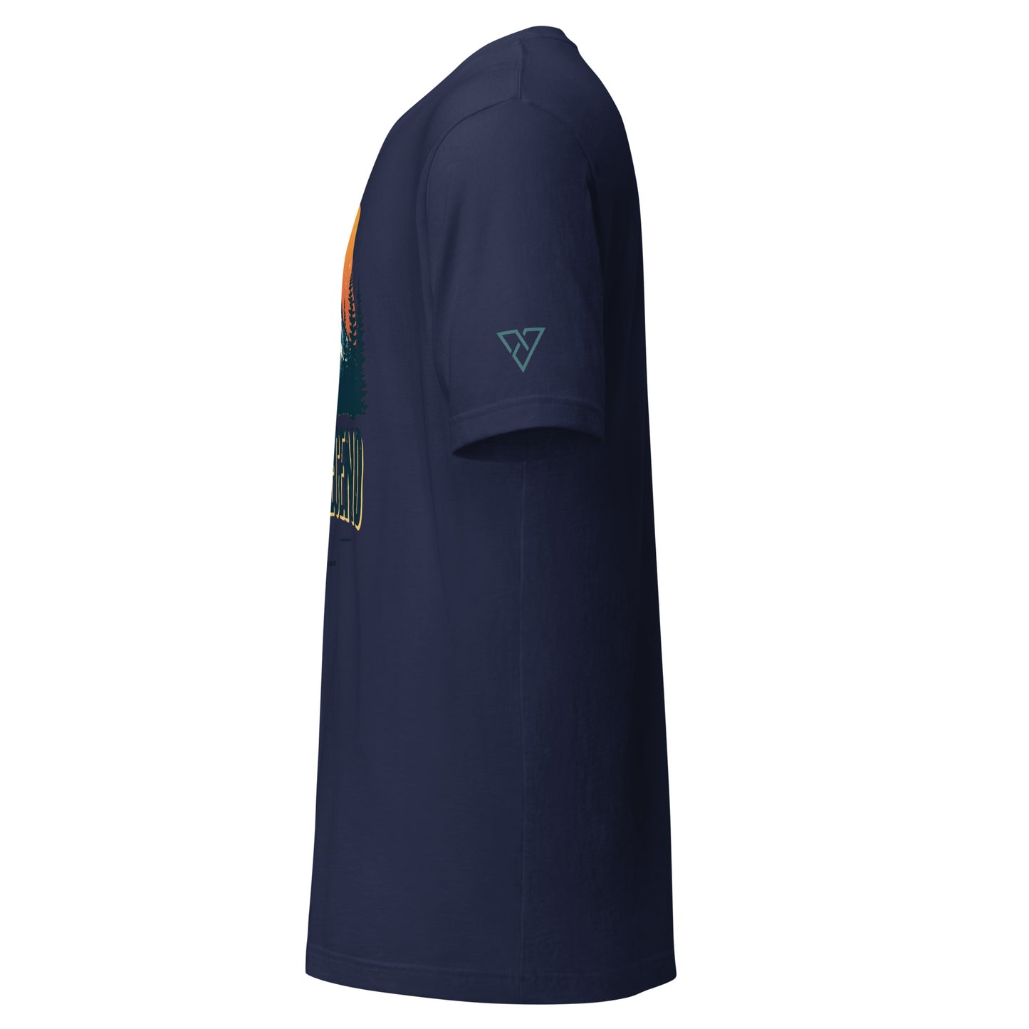 navy hiking t-shirt side view with TRAIL LEGEND mountain graphic, HorizonVibe outdoor apparel, left angle