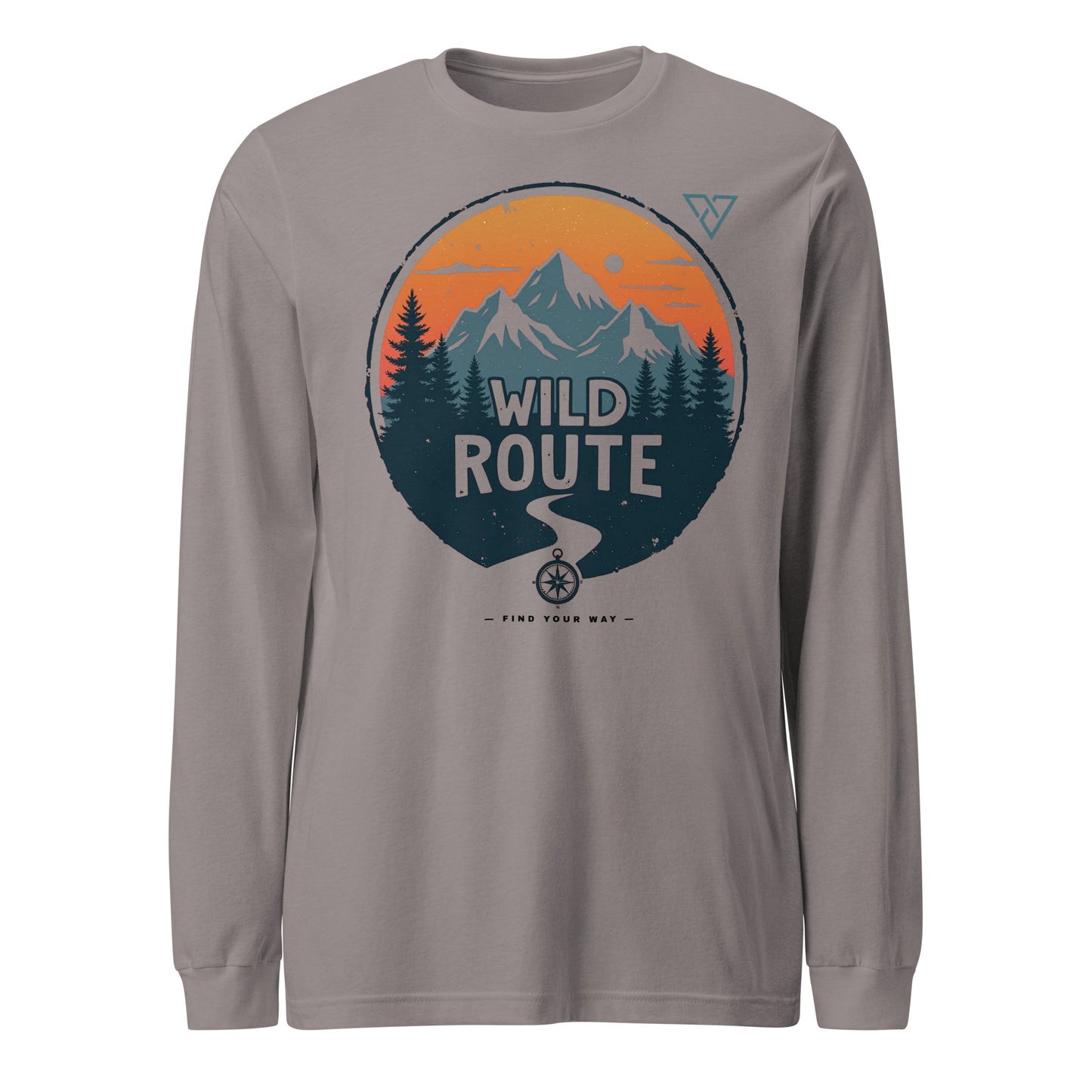 storm grey long sleeve hiking t-shirt with WILD ROUTE mountain graphic, HorizonVibe outdoor apparel front view