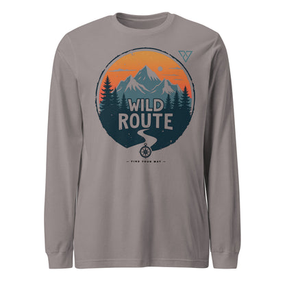 storm grey long sleeve hiking t-shirt with WILD ROUTE mountain graphic, HorizonVibe outdoor apparel front view