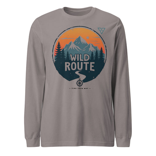 storm grey long sleeve hiking t-shirt with WILD ROUTE mountain graphic, HorizonVibe outdoor apparel front view