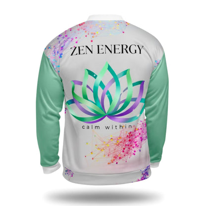 HorizonVibe white bomber jacket back view with large lotus zen energy design and abstract splash details with mint sleeves