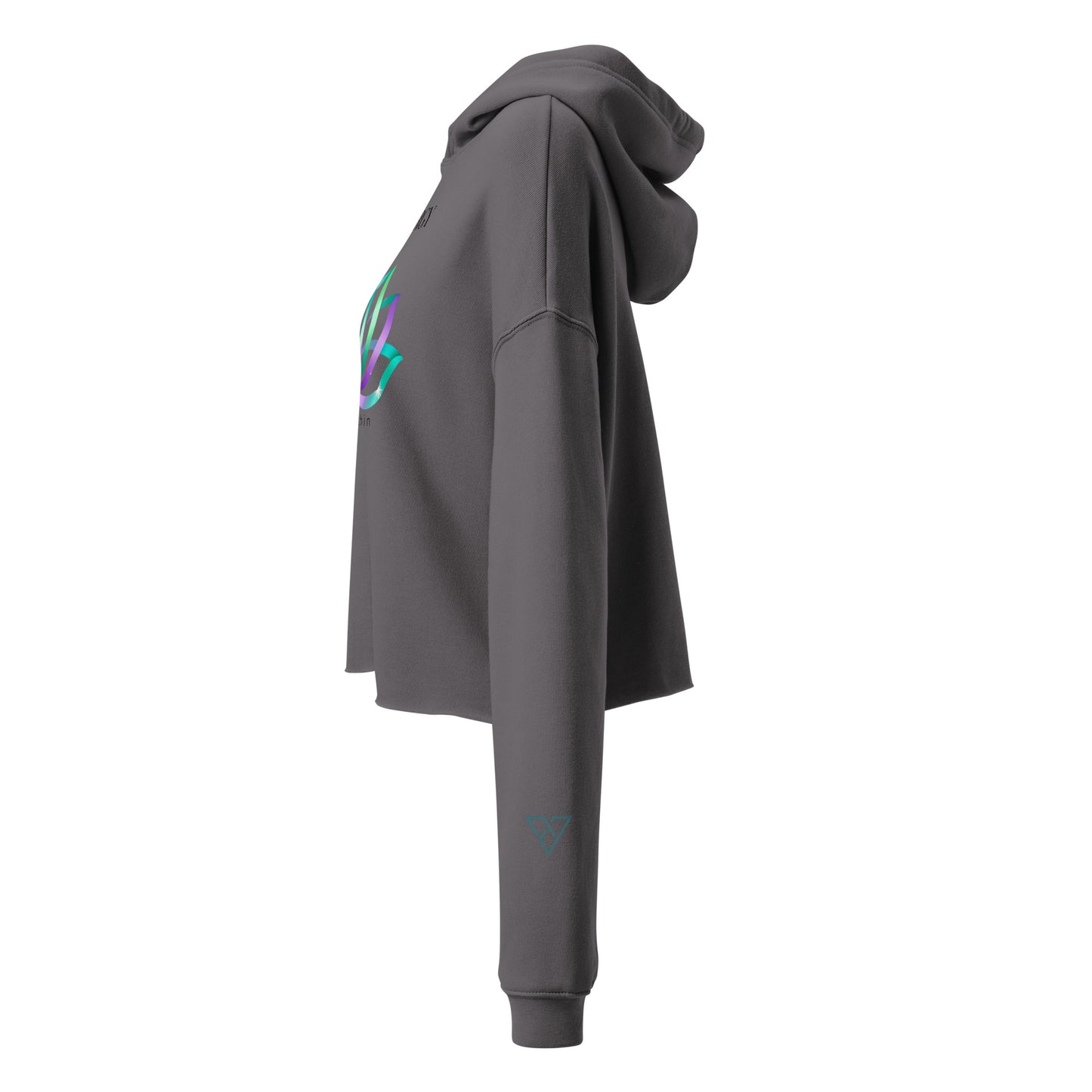 HorizonVibe grey cropped hoodie side view with sleeve logo detail and minimal zen design v2
