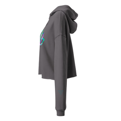 HorizonVibe grey cropped hoodie side view with sleeve logo detail and minimal zen design v2