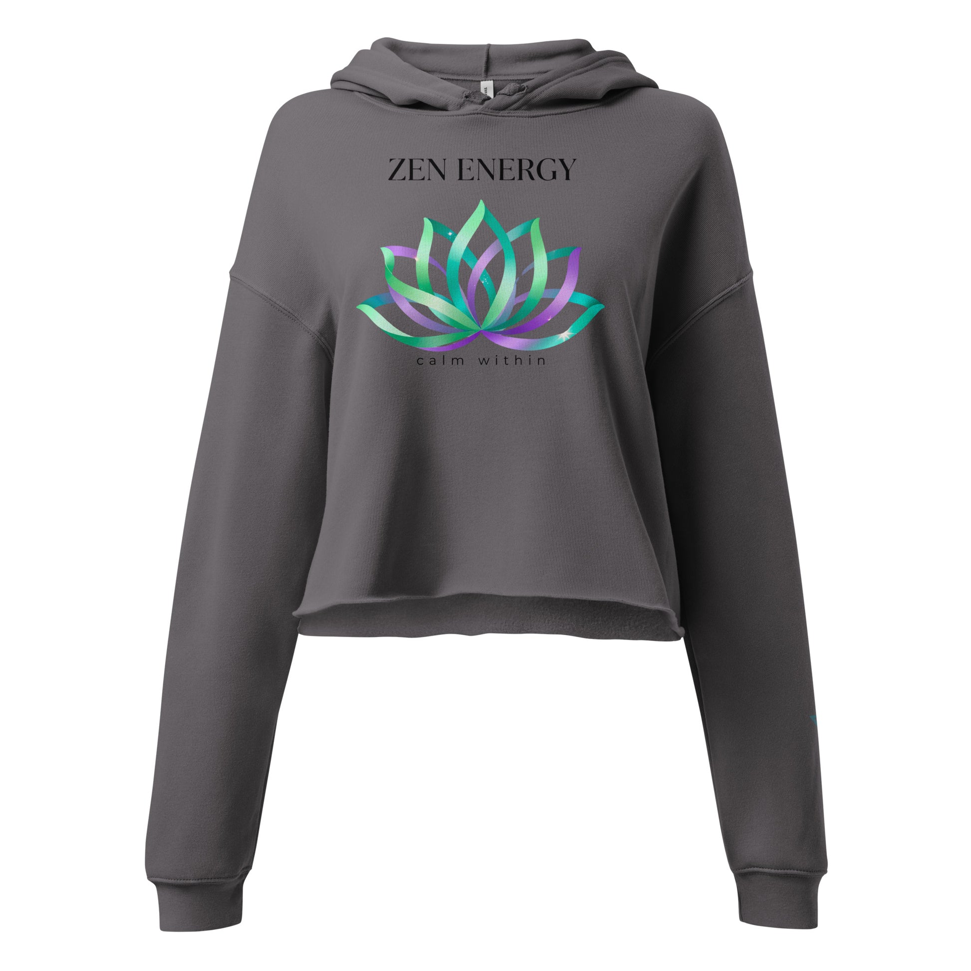 HorizonVibe grey cropped hoodie front view with glowing lotus zen energy design v2