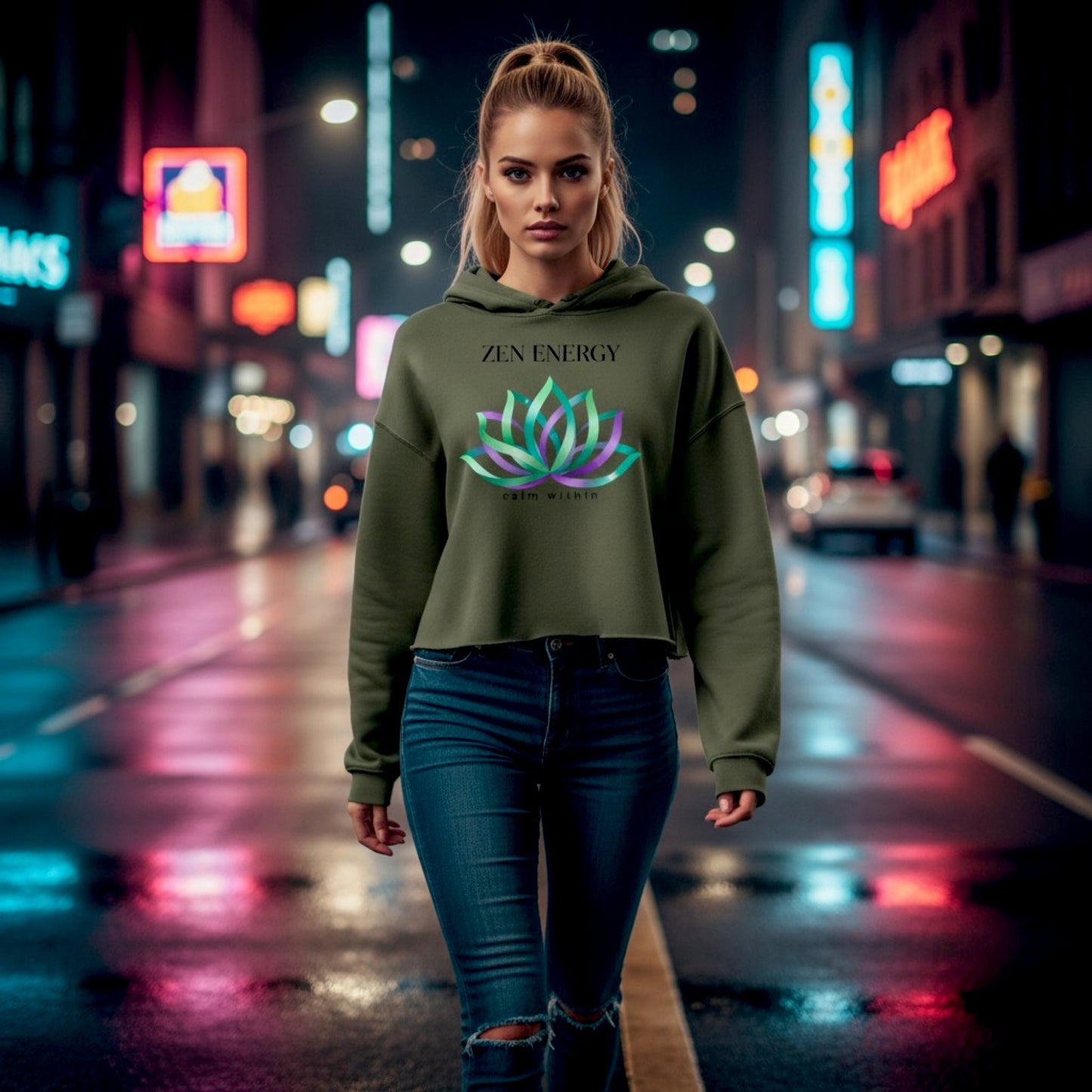 HorizonVibe olive cropped hoodie worn by woman walking in neon city at night with updated glowing lotus zen energy design v2