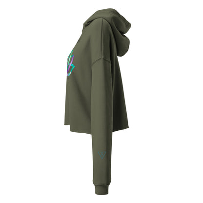HorizonVibe olive cropped hoodie side view with sleeve logo detail and minimal zen design