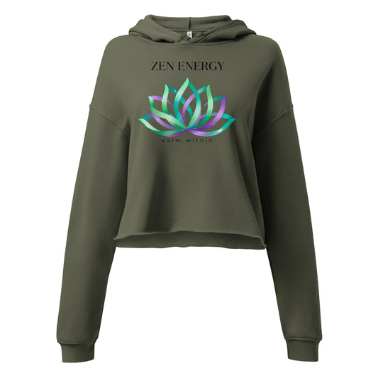 HorizonVibe olive cropped hoodie front view with updated glowing lotus zen energy design v2