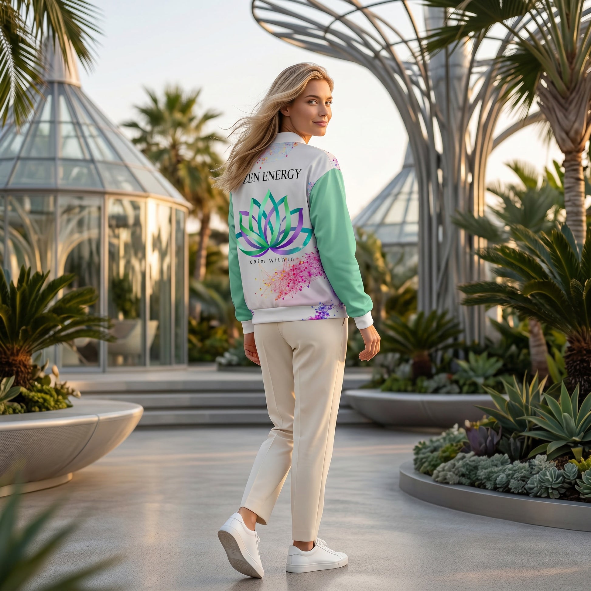 Woman wearing the HorizonVibe Bloom Energy bomber jacket in a futuristic botanical garden, showcasing the premium back artwork inspired by the Future Meets Nature collection.