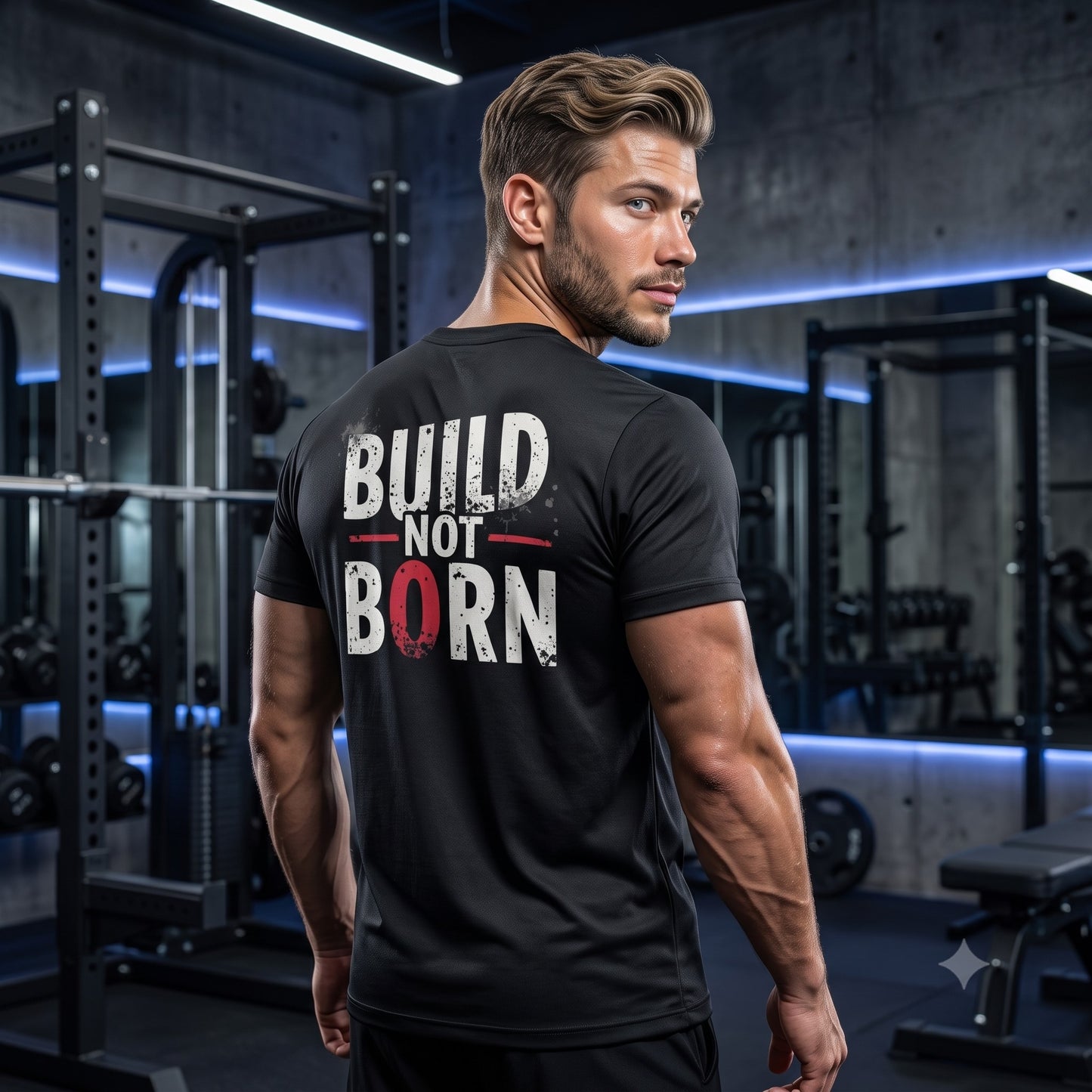 Athletic man wearing the HorizonVibe Build Not Born Men's Performance T-Shirt with the BUILD NOT BORN back print in a modern premium gym, looking over his shoulder.