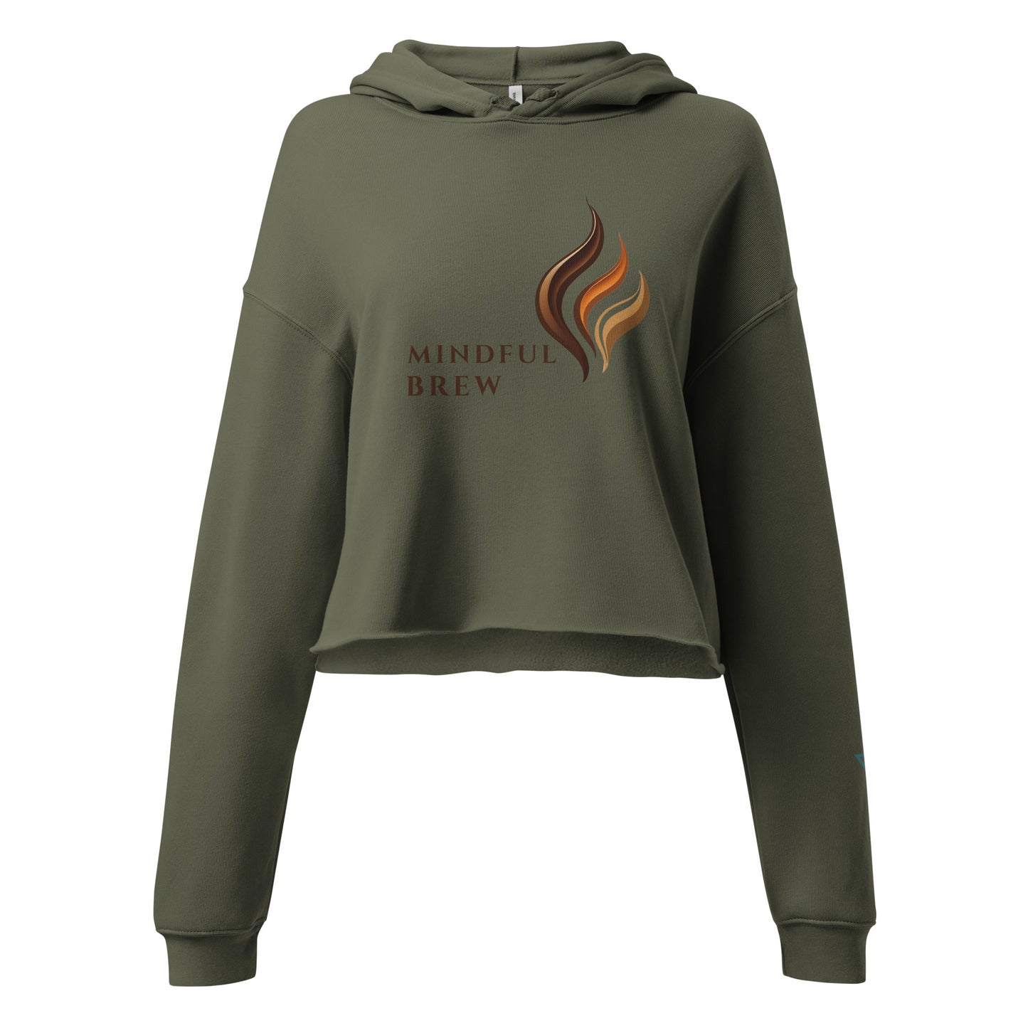 HorizonVibe Mindful Brew military green cropped hoodie for women, front view on white background, minimalist coffee graphic