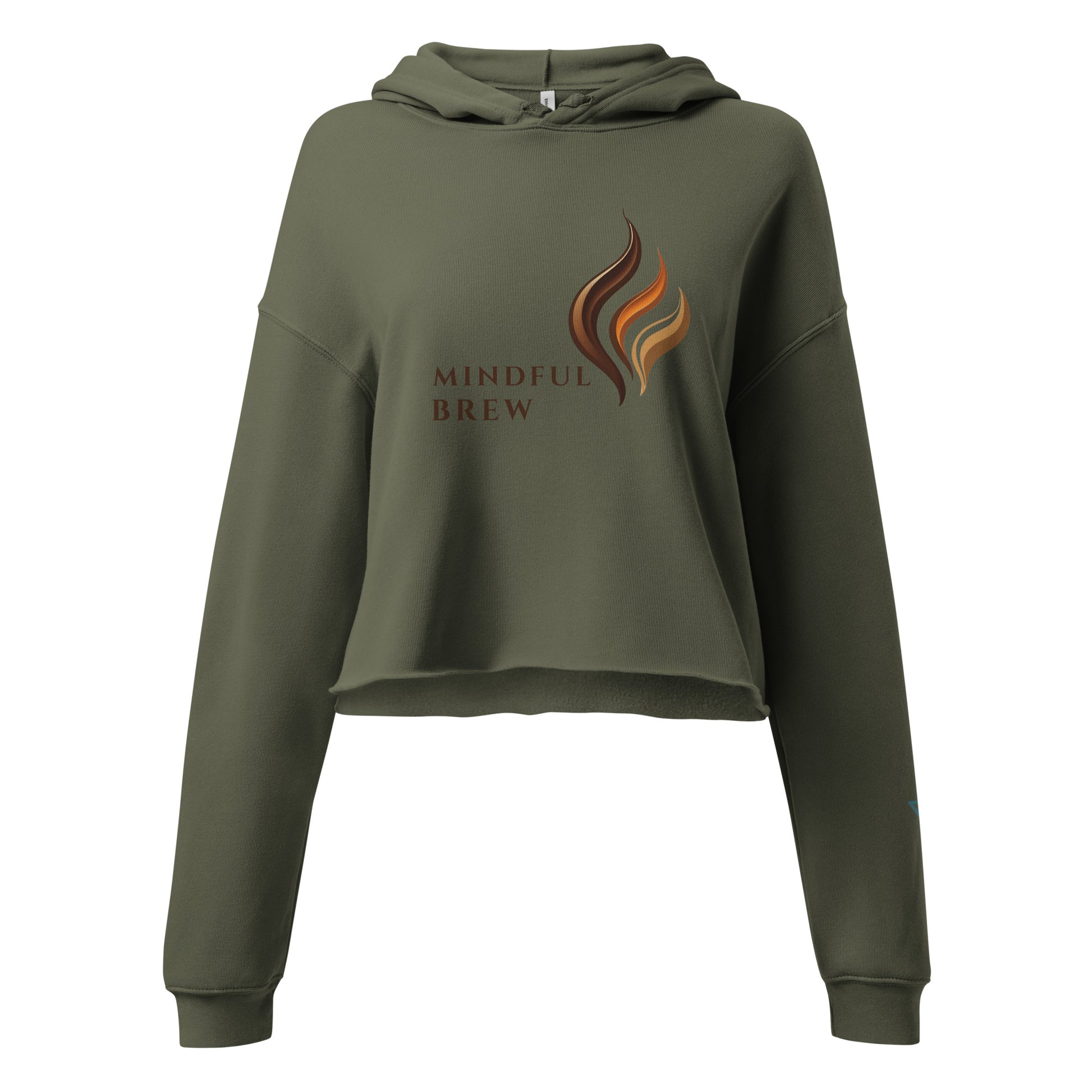 HorizonVibe Mindful Brew military green cropped hoodie for women, front view on white background, minimalist coffee graphic