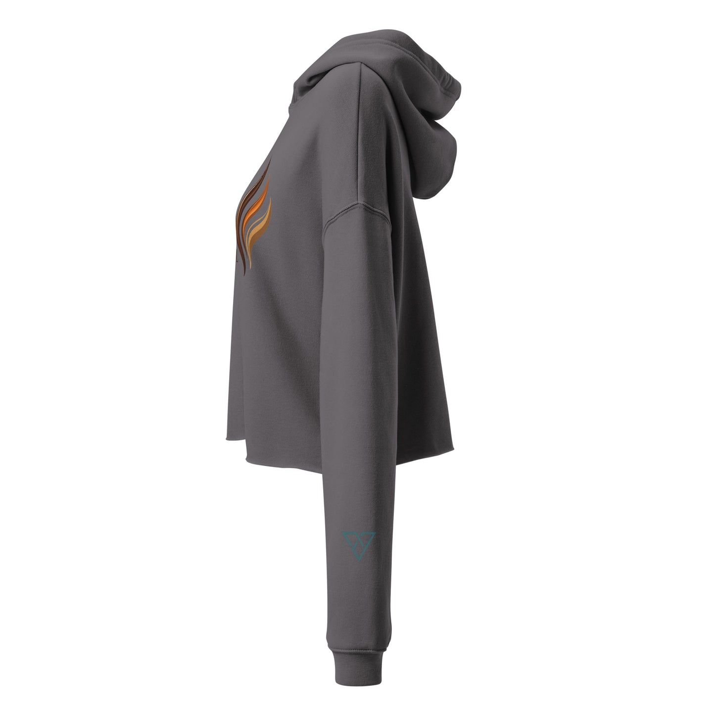 Side view of HorizonVibe Mindful Brew storm gray cropped hoodie for women, minimalist coffee graphic on white background