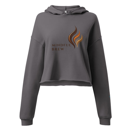 HorizonVibe Mindful Brew storm gray cropped hoodie for women, front view on white background, minimalist coffee graphic, cozy lounge streetwear