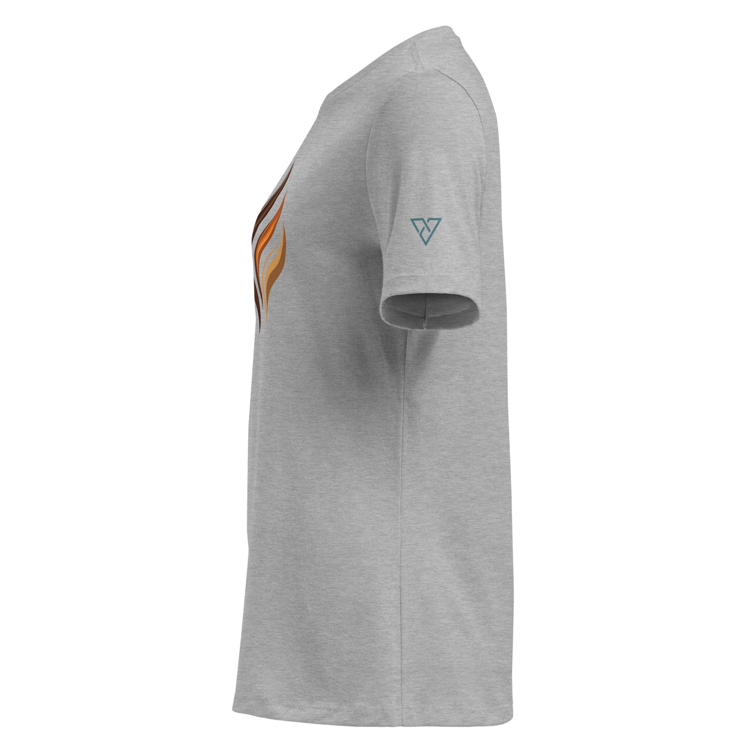 Side view of Women's HorizonVibe Mindful Brew coffee t-shirt in athletic heather, relaxed fit, on white background