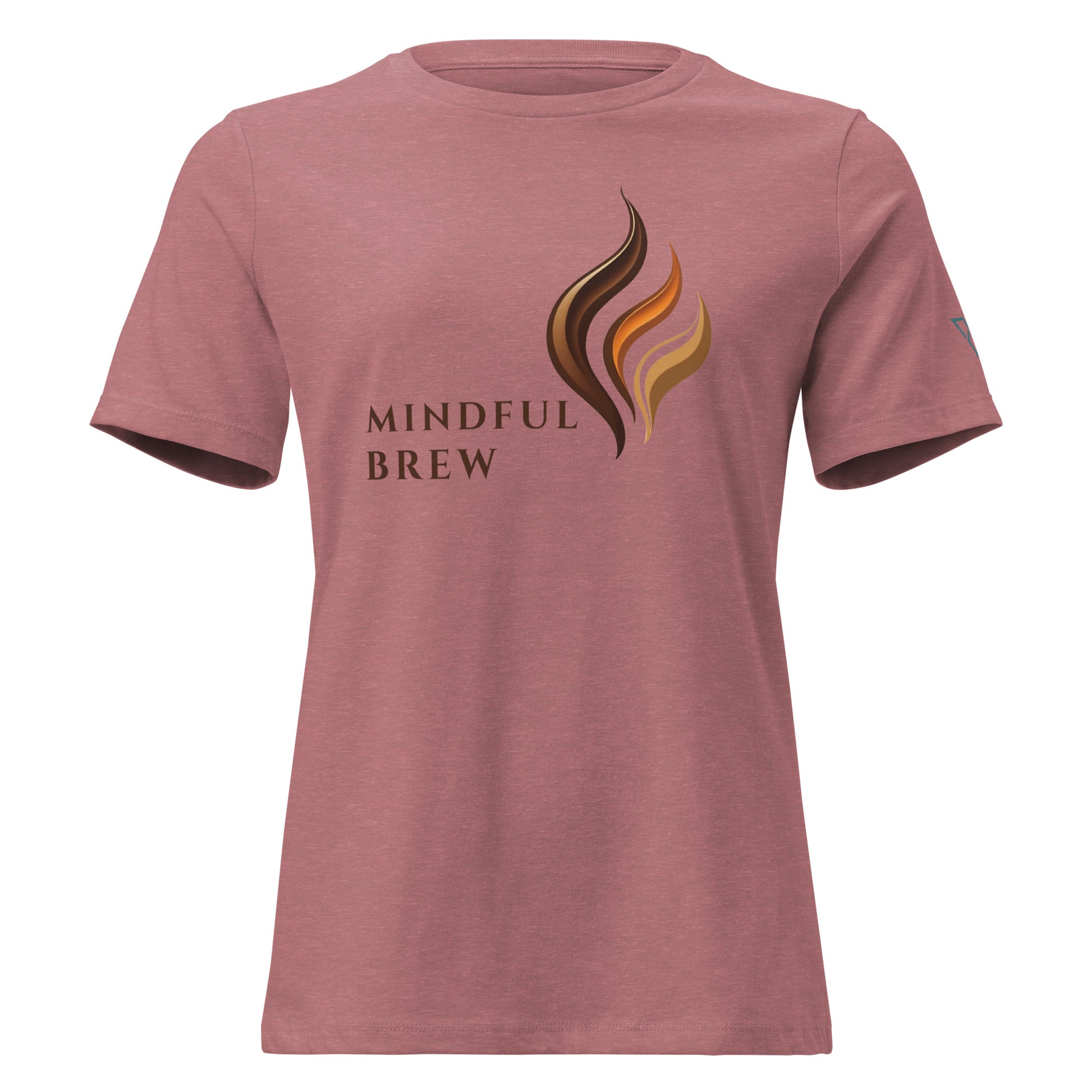 Women's HorizonVibe Mindful Brew coffee t-shirt in heather mauve, relaxed fit, front view on white background, minimalist zen design