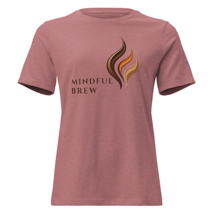 Women's HorizonVibe Mindful Brew coffee t-shirt in heather mauve, relaxed fit, front view on white background, minimalist zen design