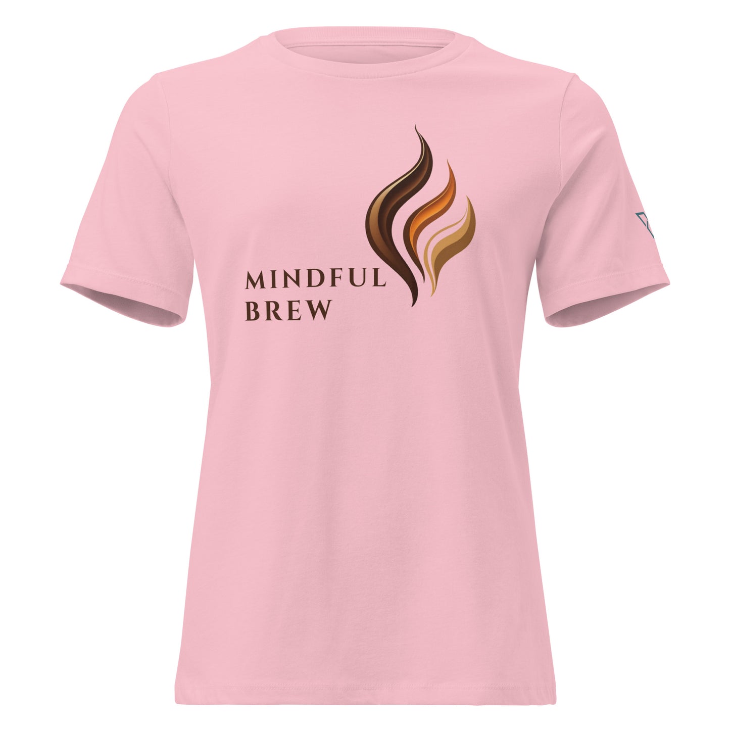 Women's HorizonVibe Mindful Brew coffee t-shirt in pink, relaxed fit, front view on white background, minimalist zen design