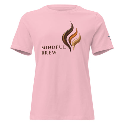 Women's HorizonVibe Mindful Brew coffee t-shirt in pink, relaxed fit, front view on white background, minimalist zen design