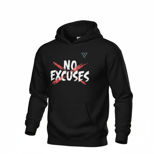 HorizonVibe No Excuses black pullover hoodie front view, minimalist gym streetwear with bold graphic print, ghost mannequin on white background