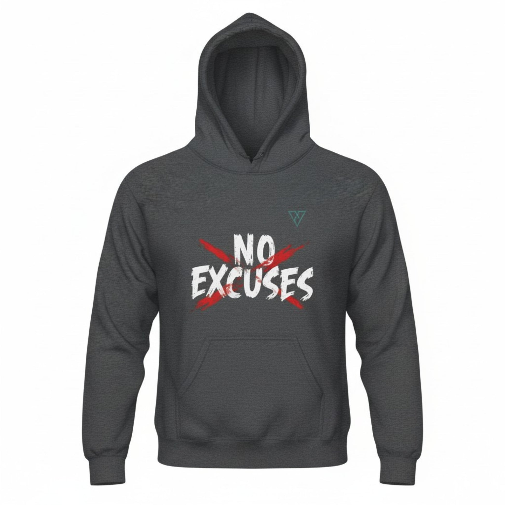 HorizonVibe No Excuses dark heather gray pullover hoodie for men, front view on white background, minimalist gym streetwear with bold graphic