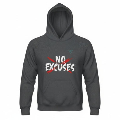 HorizonVibe No Excuses dark heather gray pullover hoodie for men, front view on white background, minimalist gym streetwear with bold graphic